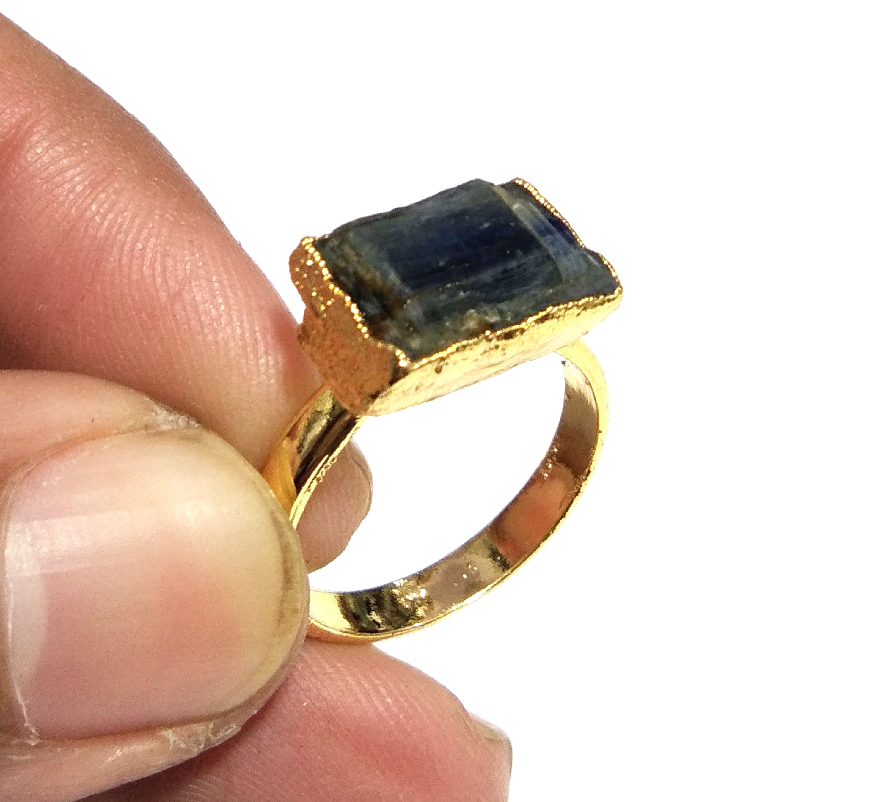 Natural Blue Kyanite Raw Stone Ring, Solid 925 Sterling Silver With Gold Plated Ring, Kyanite Stone Size 9x13mm Handmade Gift Statement Ring